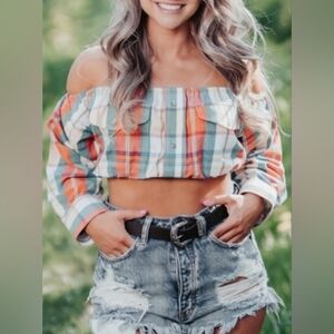 Buckskin Babes Off Shoulder Long Sleeve Crop